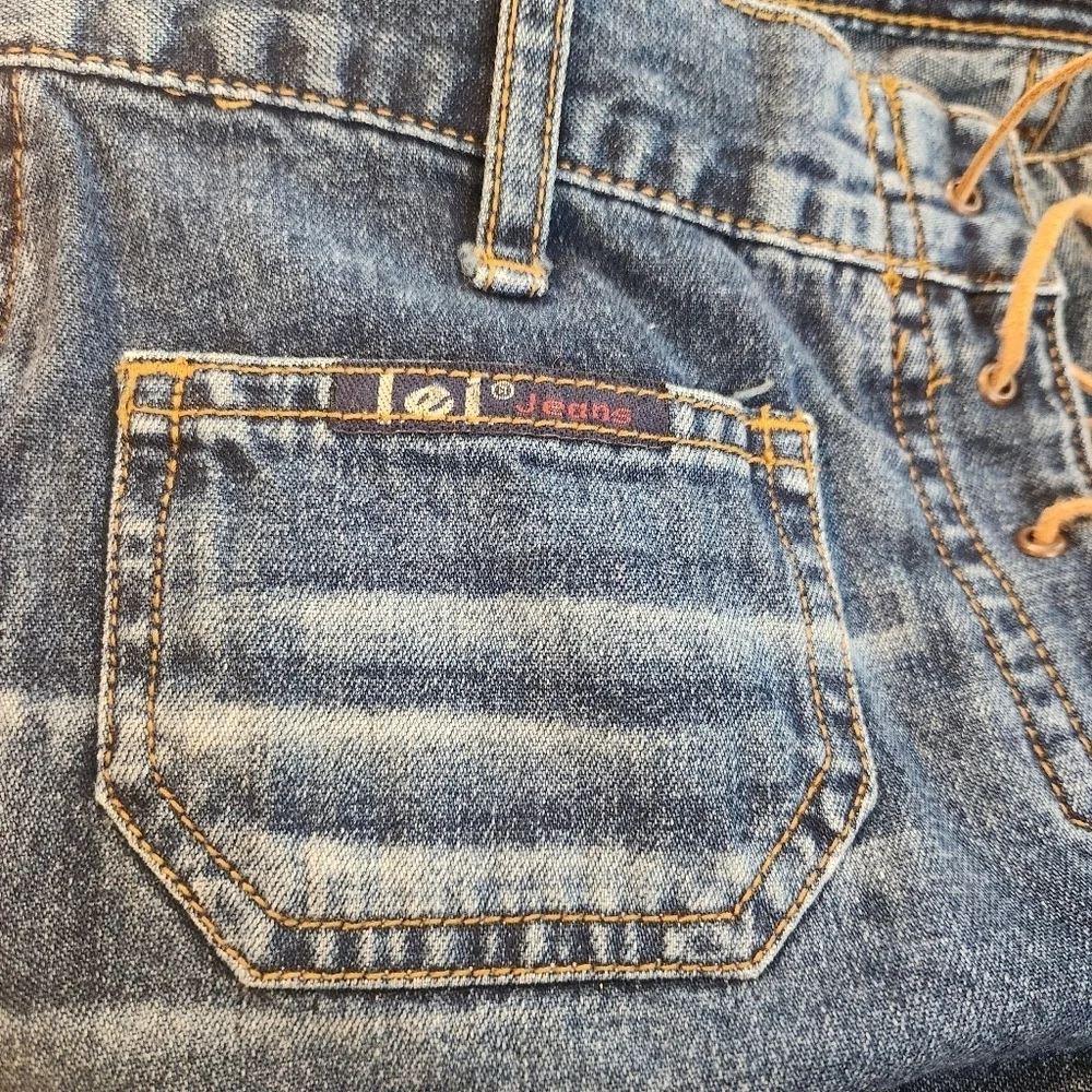 Vintage LEI Midi Length Denim Skirt Leather Lace-up Front Slit Sz Small 90s Y2k